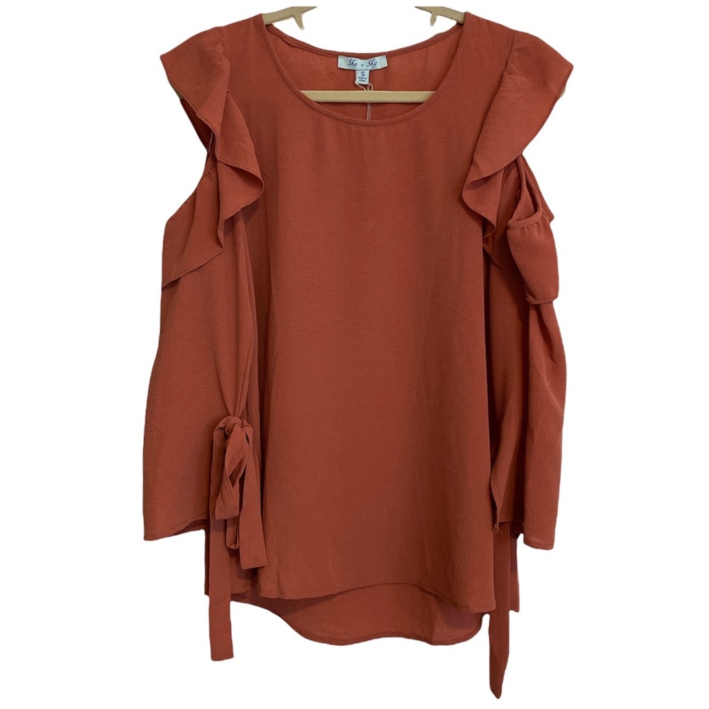 She + Sky Womens Orange Cold Shoulder Long Sleeve Blouse Sz Small